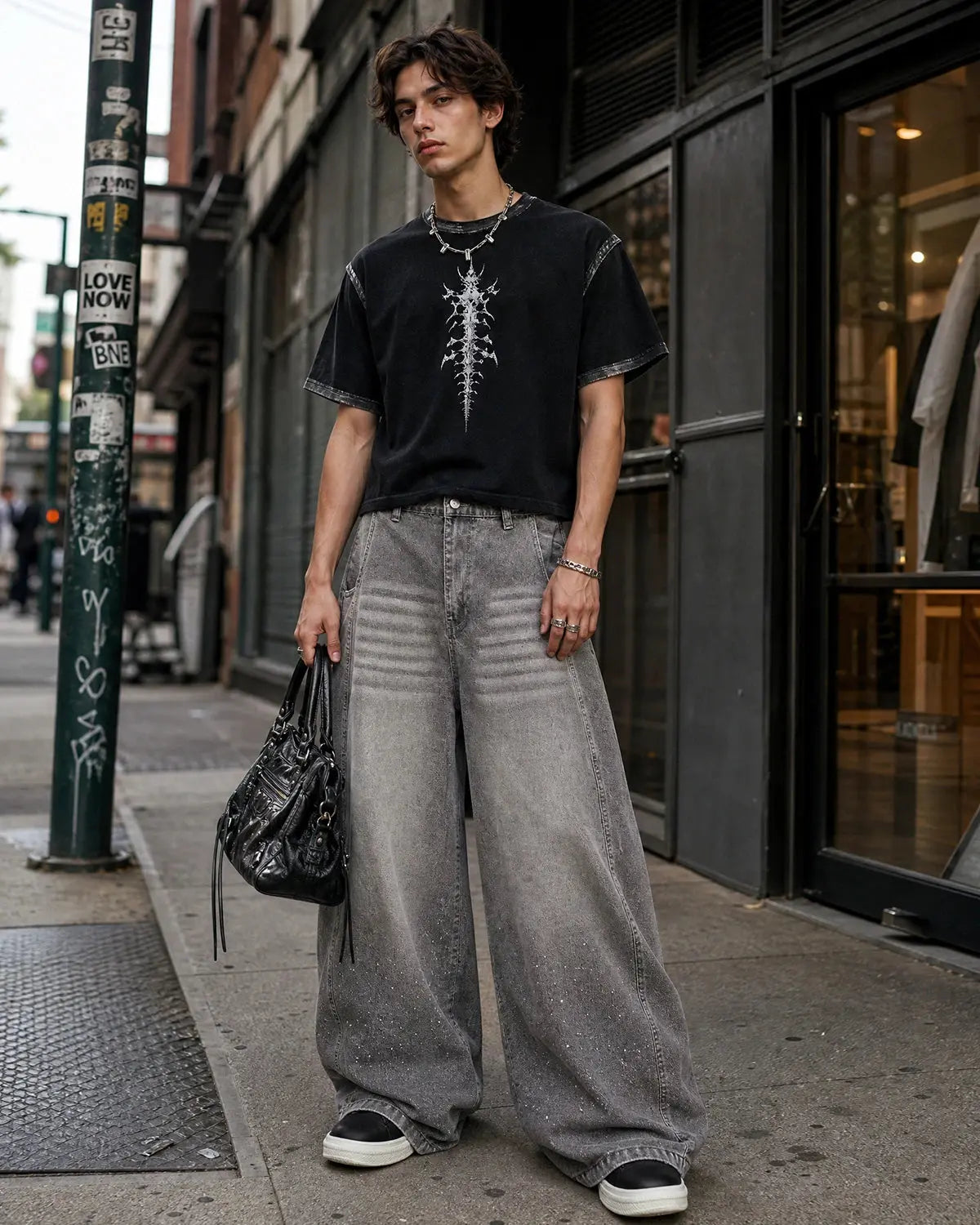 Rhinestone Washed Barrel Jeans| Inflation Streetwear