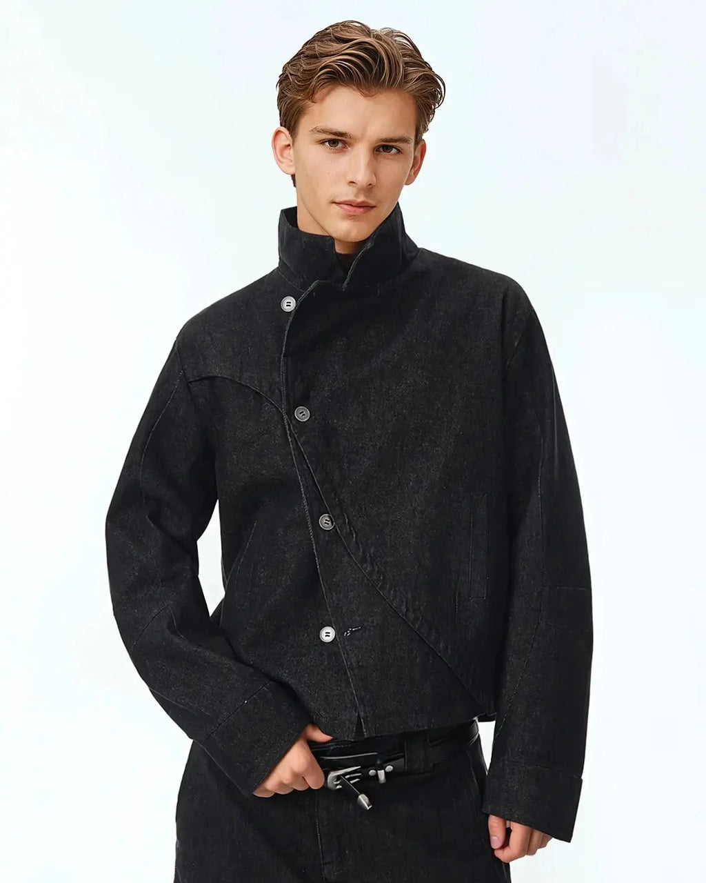 Cropped Asymmetric Button Denim Jacket | Inflation Streetwear
