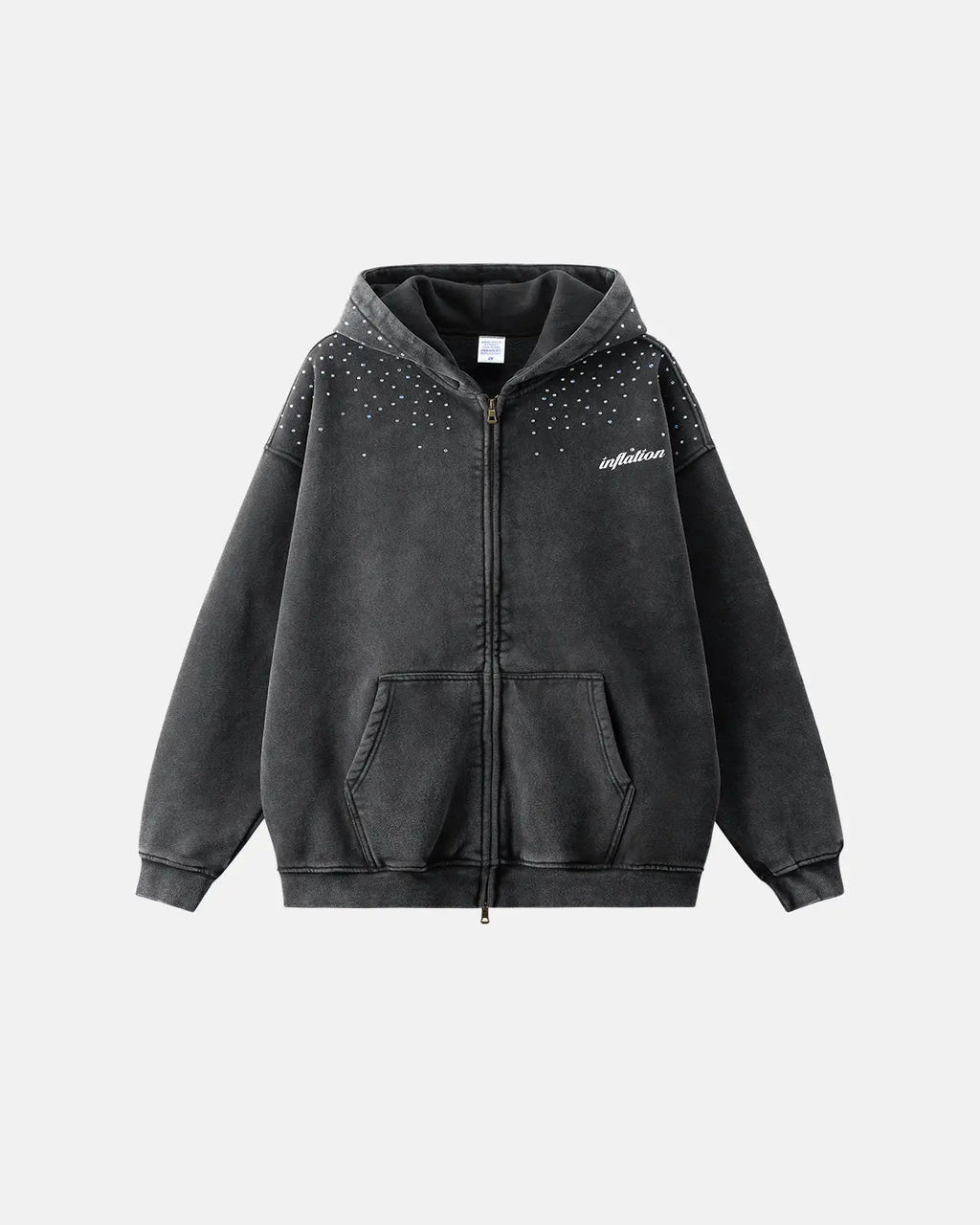 Distressed Washed Rhinestone Zip Up Hoodies | Inflation Streetwear
