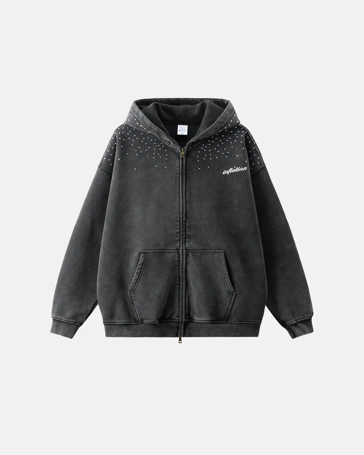 Distressed Washed Rhinestone Zip Up Hoodies | Inflation Streetwear