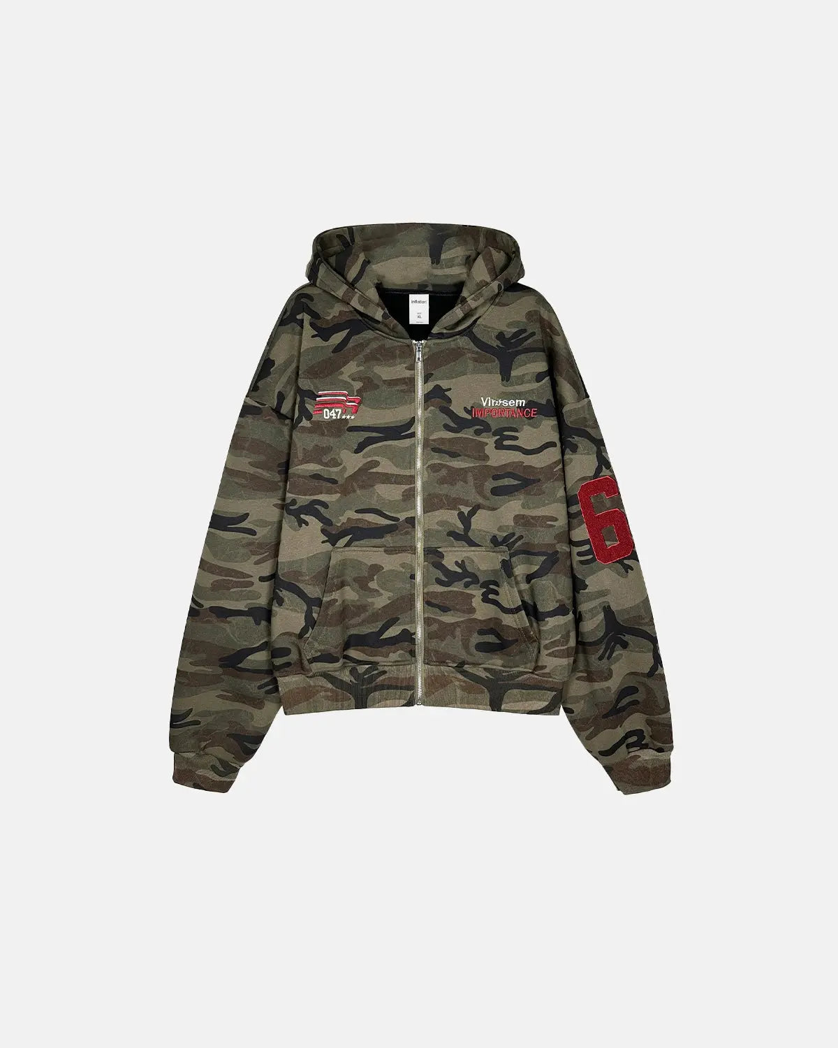 69 Applique Embroidery Camo Zip Up Hoodie | Inflation Streetwear