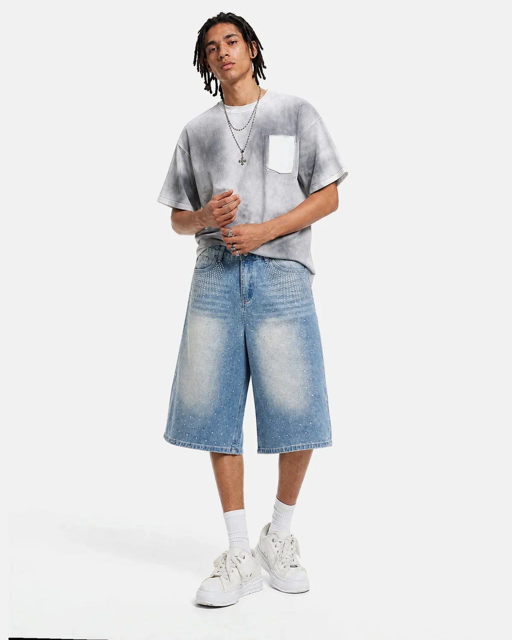 Blue Rhinestone Baggy Jeans Shorts | Inflation Streetwear