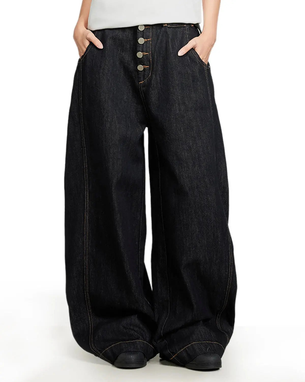 Black Buttons Up Barrel Baggy Jeans | Inflation Streetwear