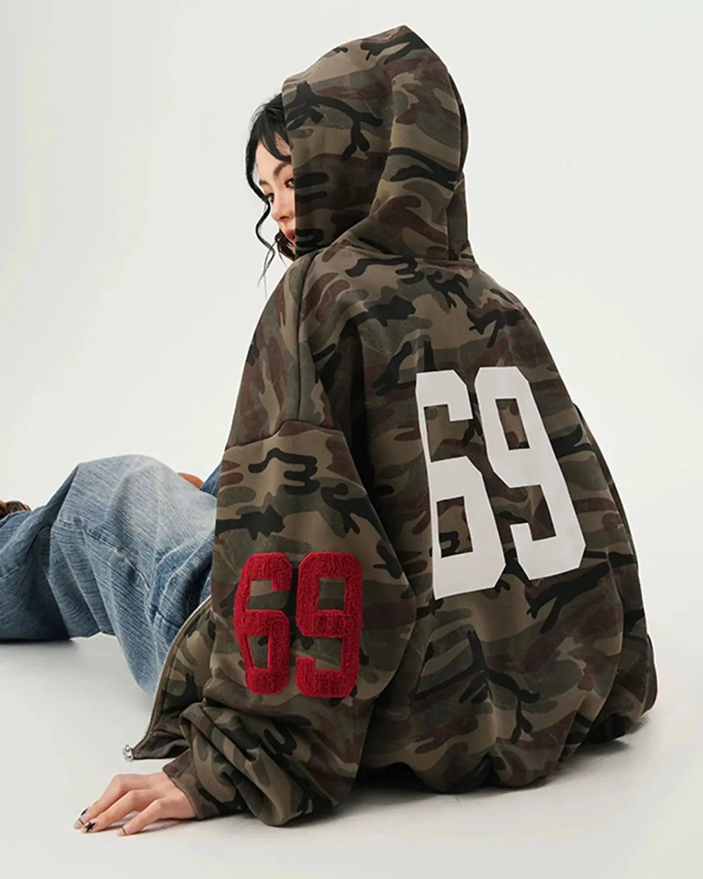 69 Applique Embroidery Camo Zip Up Hoodie | Inflation Streetwear