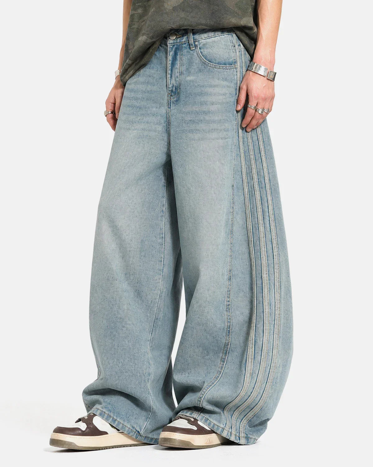 Acid Wash Striped Side Baggy Jeans | Inflation Streetwear