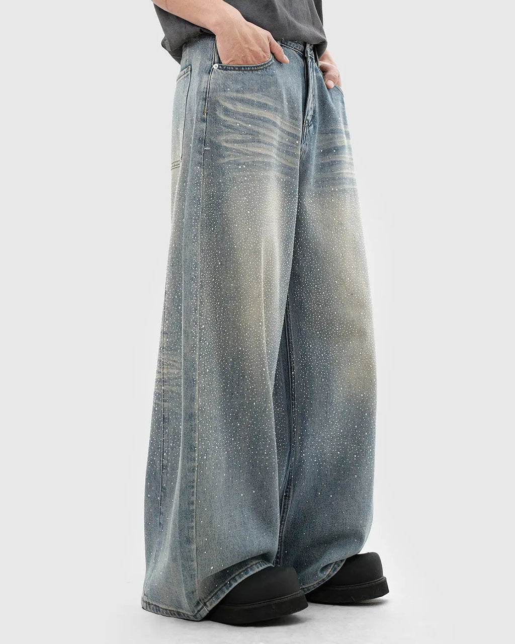 Rhinestone Washed Barrel Baggy Jeans | Inflation Streetwear