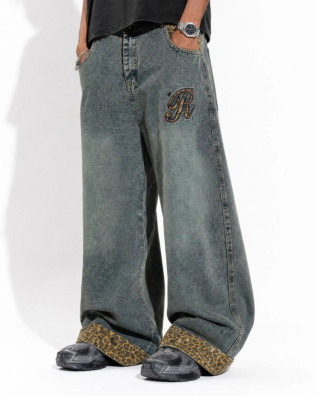 Leopard Patchwork Embroidery Baggy Jeans | Inflation Streetwear