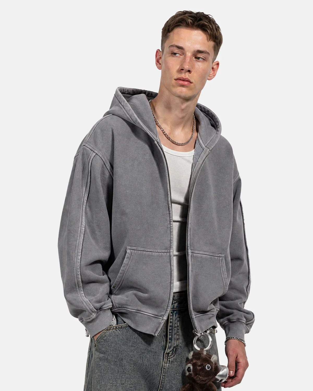 Washed Raw Edge Boxy Zip Up Hoodie | Inflation Streetwear