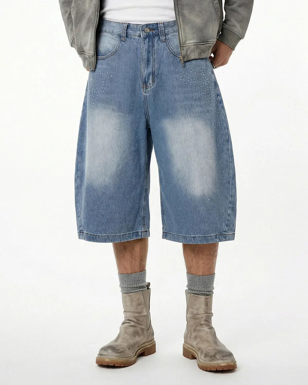 Star Rhinestone Longline Denim Shorts | Inflation Streetwear