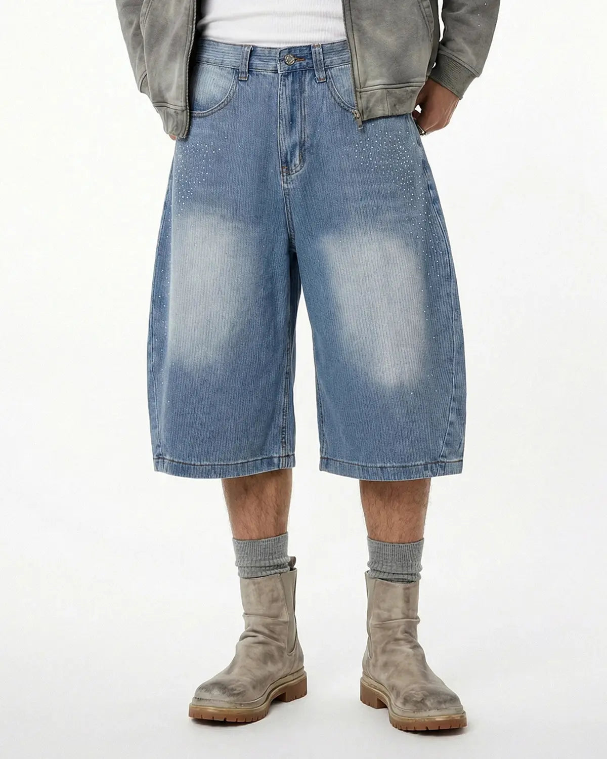 Star Rhinestone Longline Denim Shorts | Inflation Streetwear