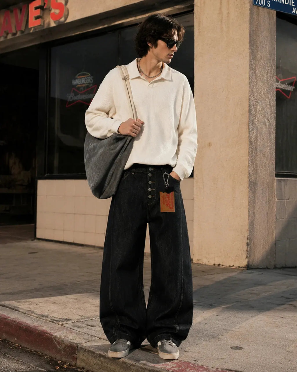 Black Buttons Up Barrel Baggy Jeans | Inflation Streetwear