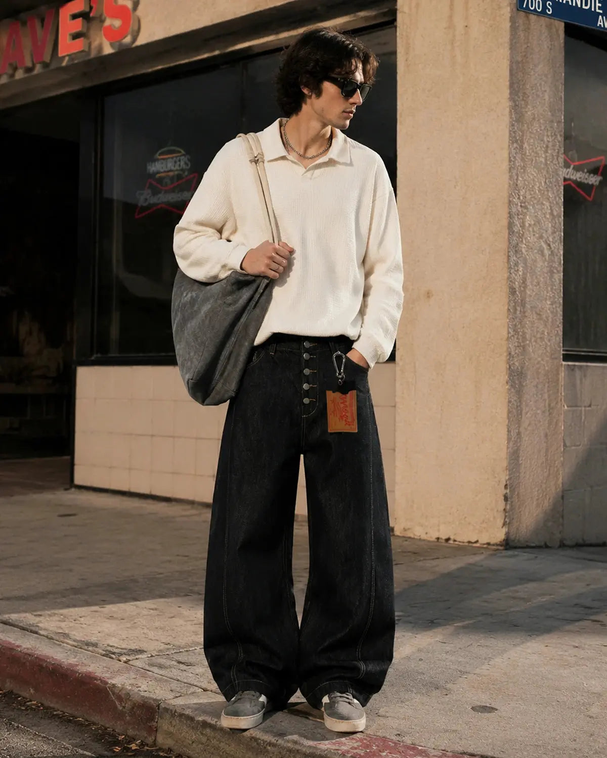 Black Buttons Up Barrel Baggy Jeans | Inflation Streetwear