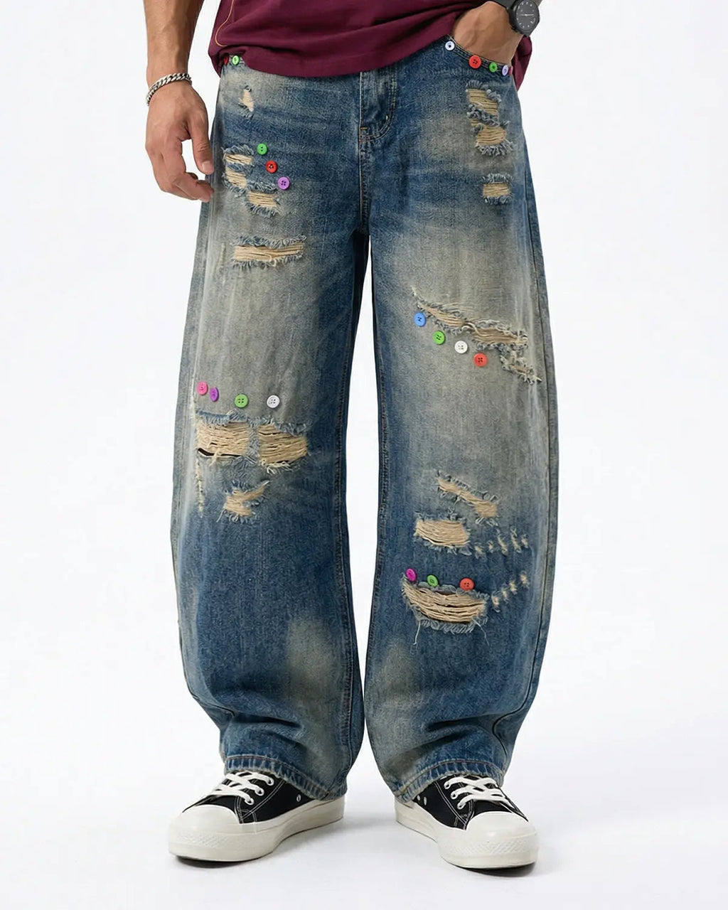 Distressed Button Barrel Jeans | Inflation Streetwear
