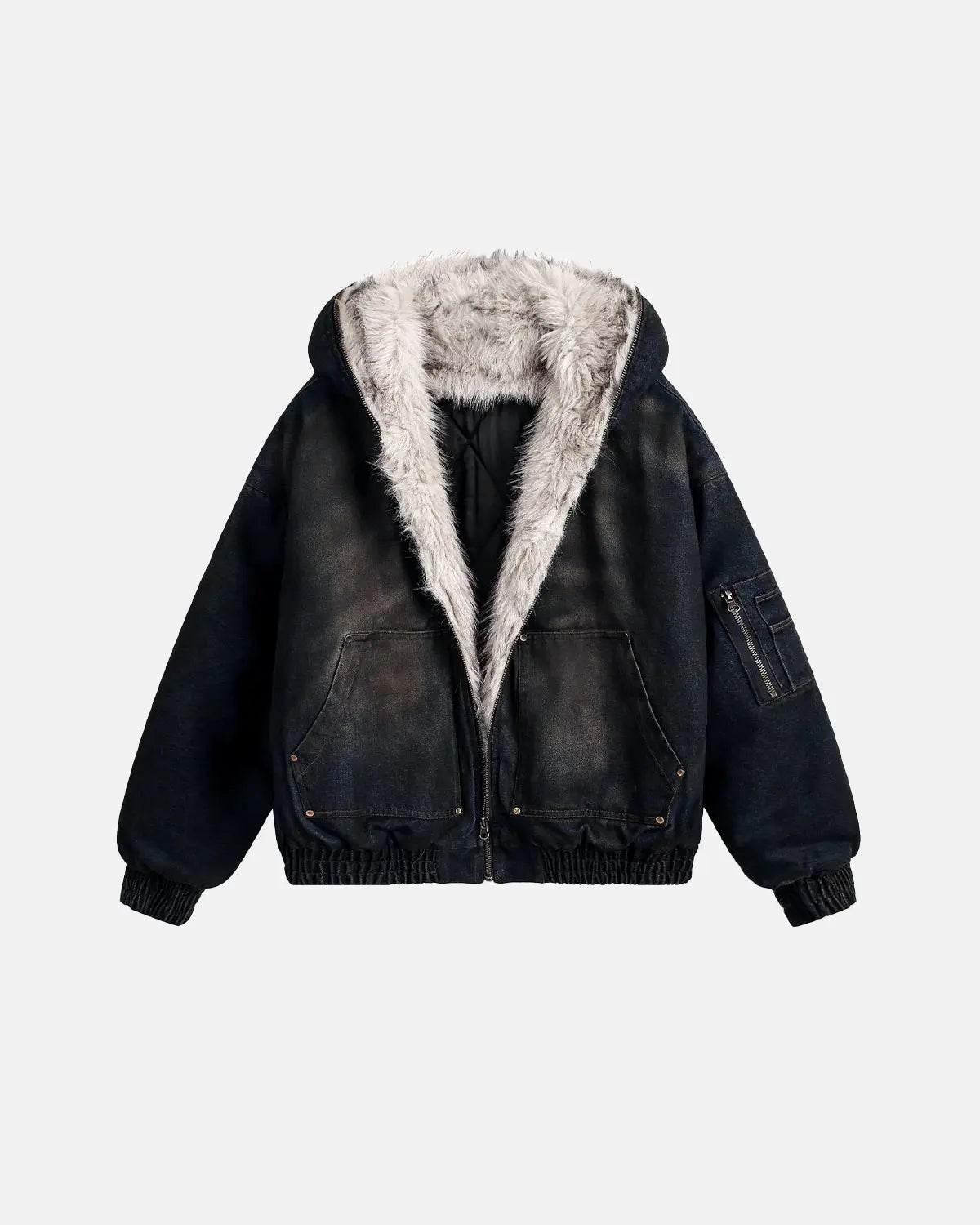 Faux Fur Lined Acid Wash Bomber Jacket | Inflation Streetwear