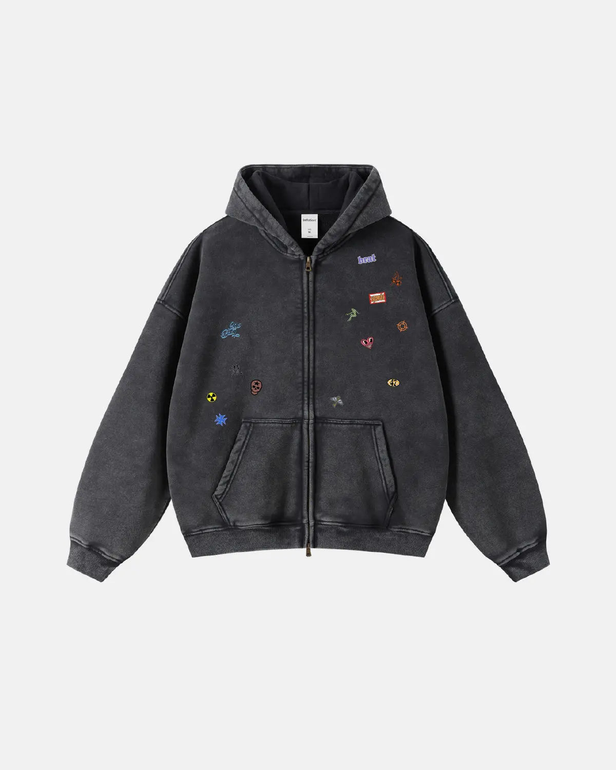 Funny Stickers Distressed Zip Up Hoodies | Inflation Streetwear
