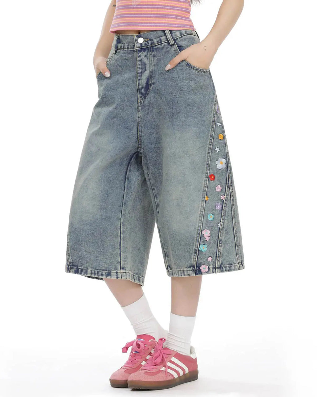 Floral Embroidered Long Baggy Jorts | Inflation Streetwear