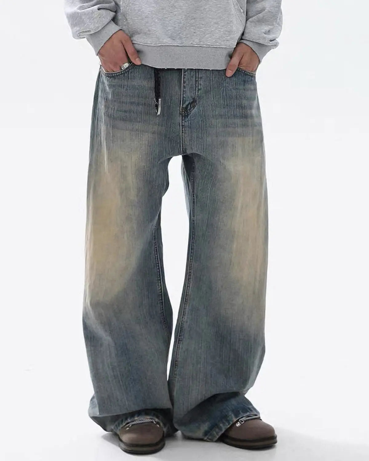 Washed  Bamboo Weave Baggy Bootcut Jeans | Inflation Streetwear