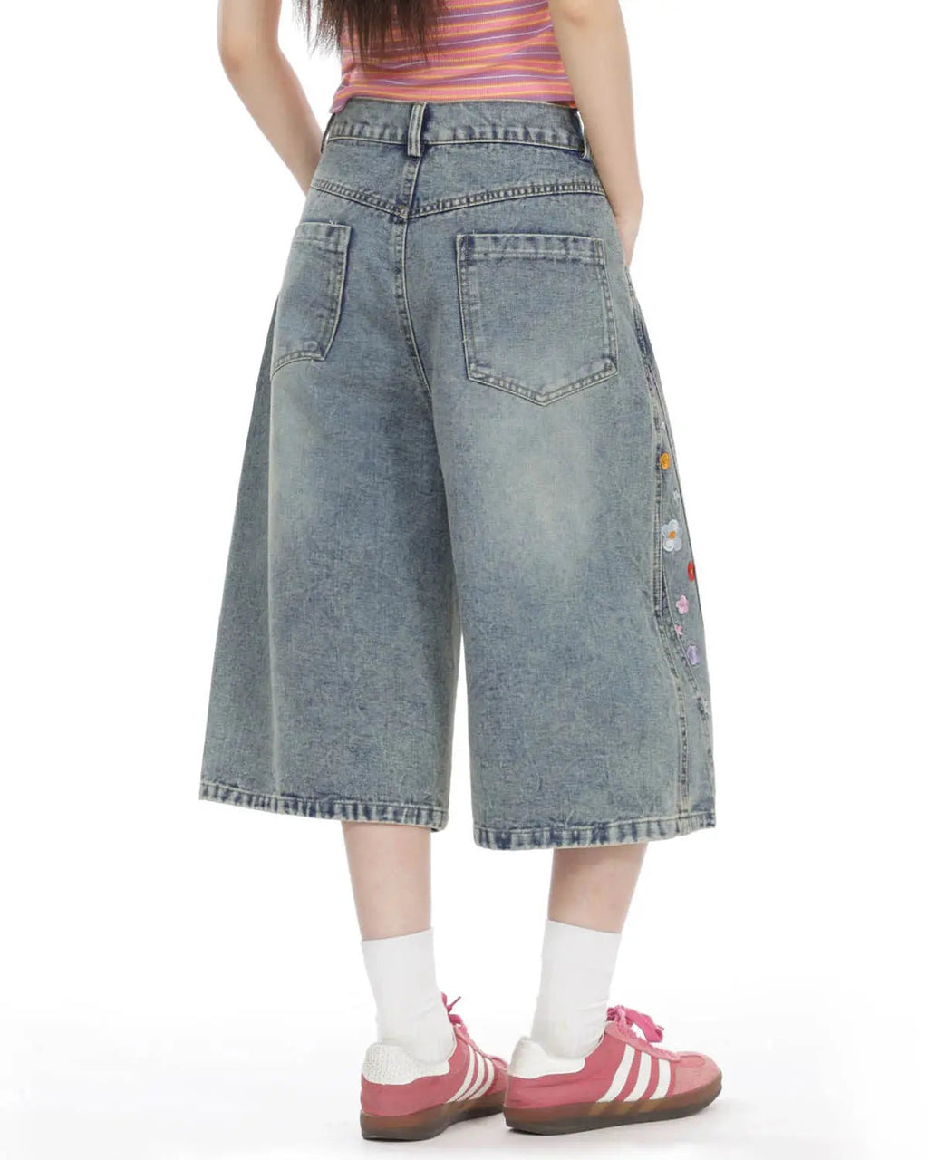 Floral Embroidered Long Baggy Jorts | Inflation Streetwear